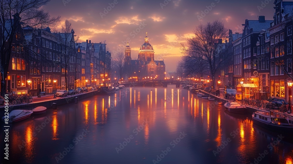 Fototapeta premium Canals of Amsterdam during twilight in Netherlands. Amsterdam is the capital and most populous city of the Netherlands.