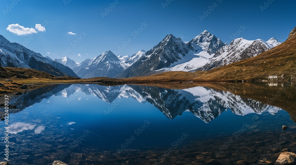 A serene alpine lake nestled among snow-capped peaks, with mirror-like waters reflecting the surrounding mountains and clear blue sky, creating a picture-perfect mountain vista. 