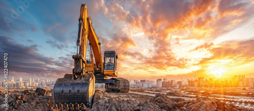 Excavator at a construction site with a city skyline and vibrant sunset in the background. photo