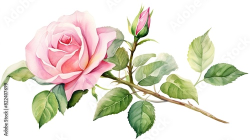 Flower pink rose watercolor, green leaves on white backgrounds