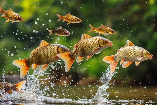 crucian carp, river fish, Wujiang fish, leaping out of the water, in a clean and beautiful fish pond, master photography, photo