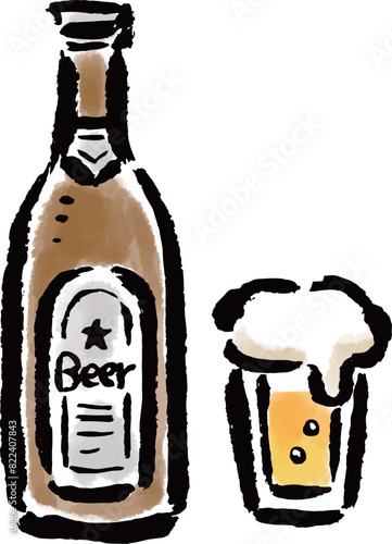 ビール瓶とビールの入ったグラス　筆タッチ手描きイラスト