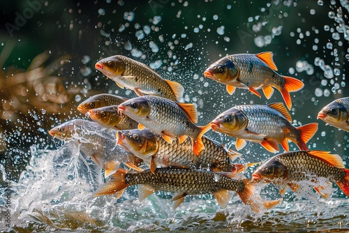 crucian carp, river fish, Wujiang fish, leaping out of the water, in a clean and beautiful fish pond, master photography, photo