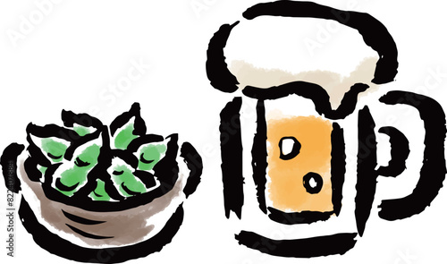 枝豆とビール　筆タッチ手描きイラスト