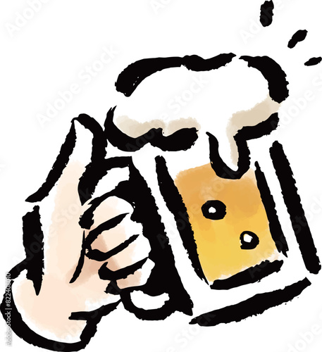 ビールの入ったジョッキを持つ手　筆タッチ手描きイラスト