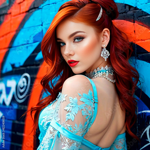 A beautiful girl with dyed hair and beautiful shapes. A girl on the street against a background of graffiti and painted walls. Art portrait.