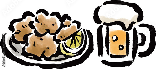 唐揚げとビール　筆タッチ手描きイラスト