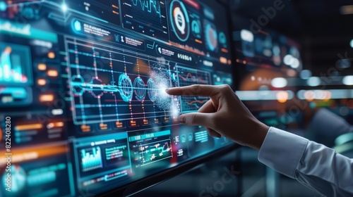 Closeup of a business concept of business analytics in minimal styles, developed into an advanced data analytics scene with a hitech concept with a HUD hologram