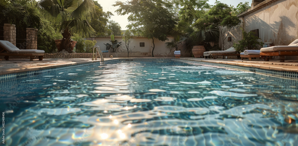 Outdoor swimming pool. Generative AI. Outdoor swimming pool. Generative AI.