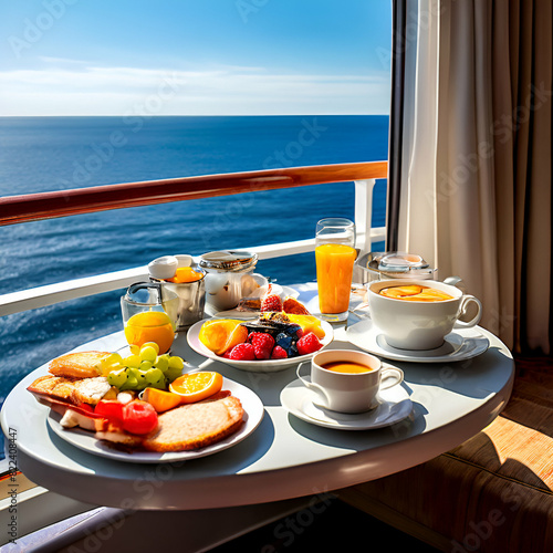 a full room service breakfast on a balcony of a cruise ship cabin at sea including juice coffee sky background river,