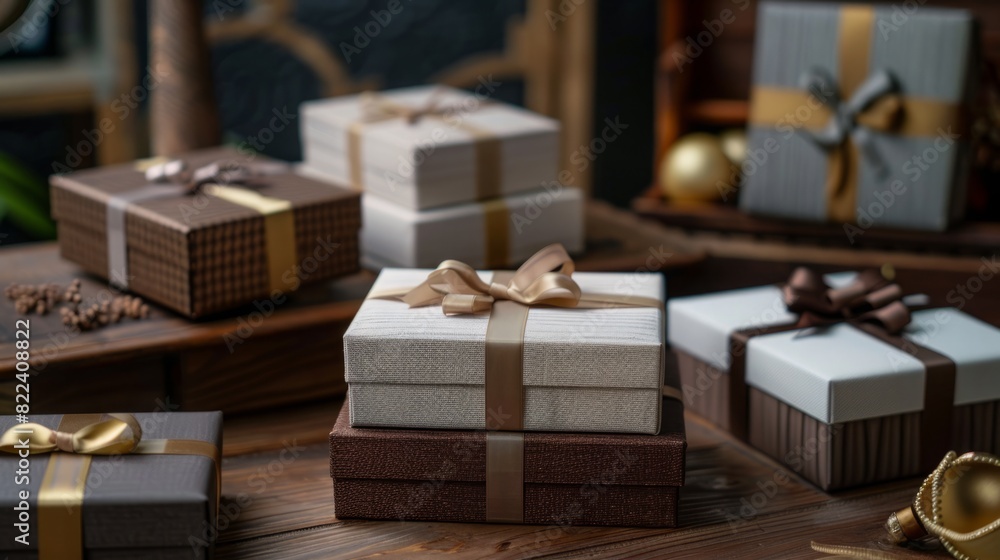 A table covered with an abundance of colorful, wrapped presents ready for a special occasion or holiday celebration. A table covered with an abundance of colorful, wrapped presents ready for a special occasion or holiday celebration.
