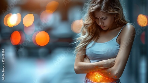 Young Female Experiencing Stomach Discomfort, Symbolizing Menstrual Cramps, Food Poisoning, and Stomach Pain