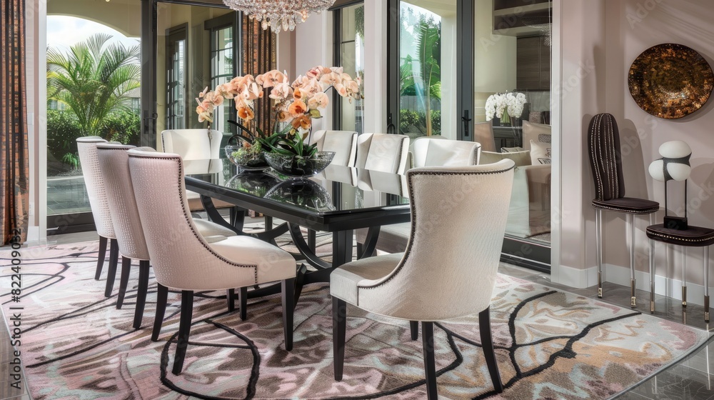 a dining room with black steel table soft tone curved back chairs swirling light . generative ai