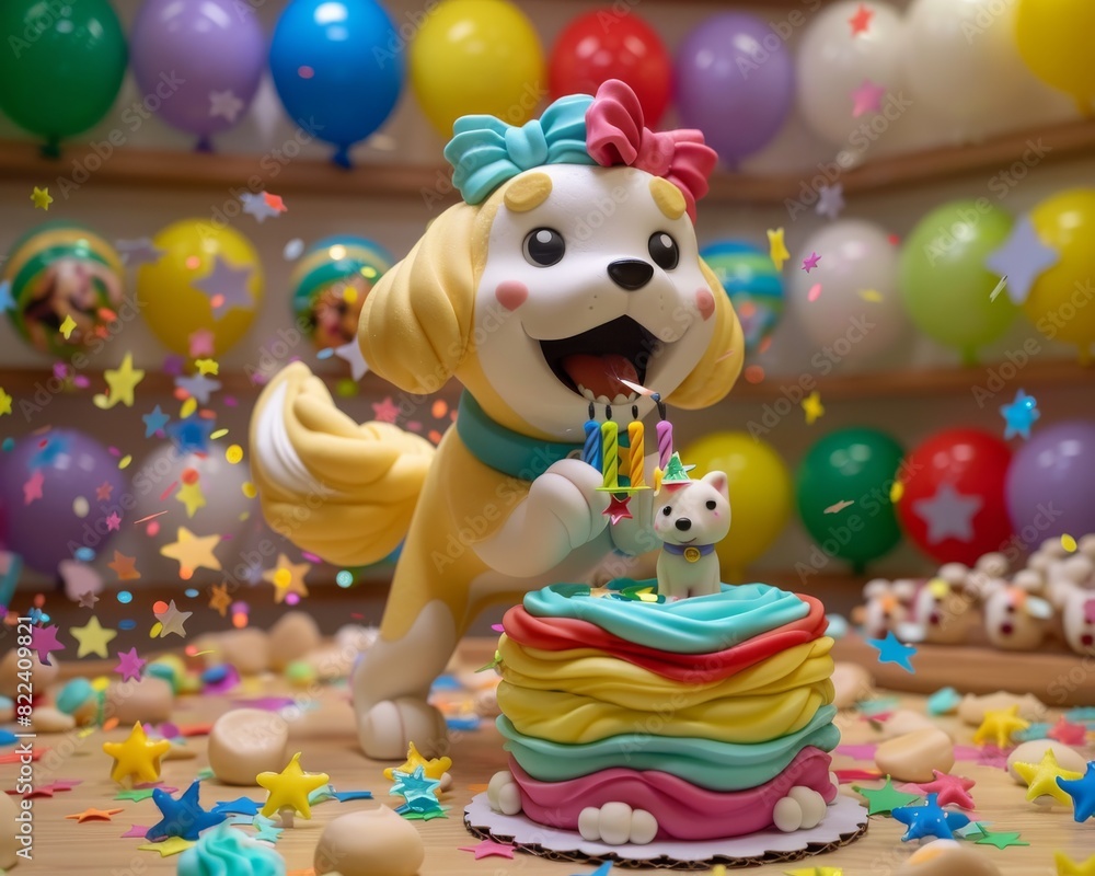 Animated Dog Celebrates with Colorful Cake and Balloons in Festive Party Scene Filled with Confetti and Cheerful Decorations Animated Dog Celebrates with Colorful Cake and Balloons in Festive Party Scene Filled with Confetti and Cheerful Decorations