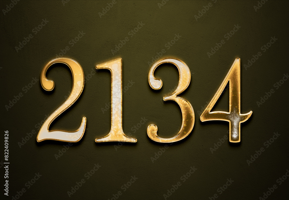 Old gold effect of 2134 number with 3D glossy style Mockup.