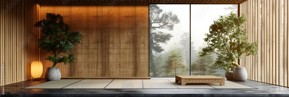 Fototapeta premium Intérieur japonais zen et lumineux avec baie vitrée