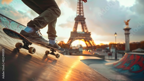 A person performs skateboarding tricks on a ramp in front of the iconic Eiffel Tower photo