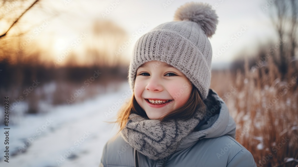 Portrait of a little girl in a snowy park. Сhild playing in the winter. Portrait of a little girl in a snowy park. Сhild playing in the winter.