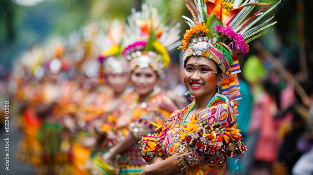 A group of women in colorful costumes are smiling and posing for a photo