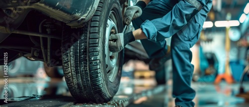 Car mechanic changing a tire with a wrench photo