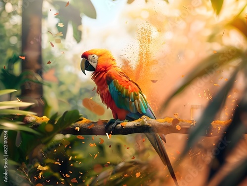 Vibrant Tropical Bird Perched Gracefully Amidst Lush Foliage with Sunset Lighting Product Placement