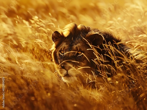 Majestic Lion Stalks in Savanna under Warm Sunset Lighting with Dusty Piles