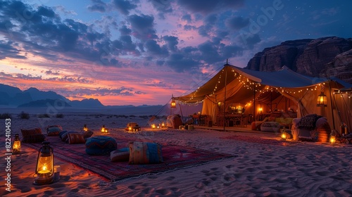 A traditional Bedouin camp with colorful tents. AI generate illustration