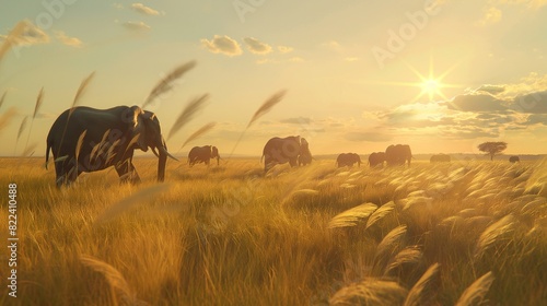 A sun-drenched savannah stretching to the horizon, tall grasses swaying in the breeze as a herd of elephants moves gracefully across the landscape. 32k, full ultra HD, high resolution