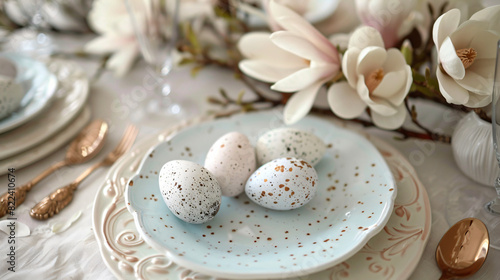 Elegant Spring Easter Table Setting with Speckled Eggs