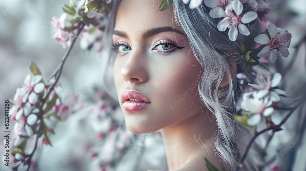 Fashion beauty portrait of woman on a background of spring flowers.