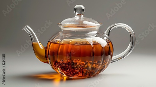 Glass teapot on white background with fresh brew of tea 