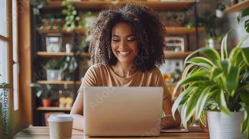 Cheerful Woman Shopping Online in Cozy Home Environment