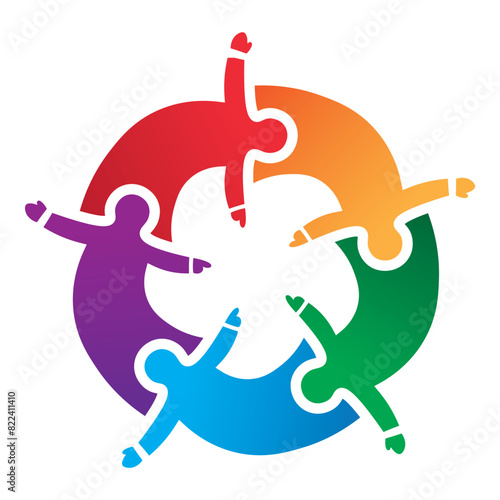 Collaborative symbol of puzzle-shaped people linked in a circular pattern