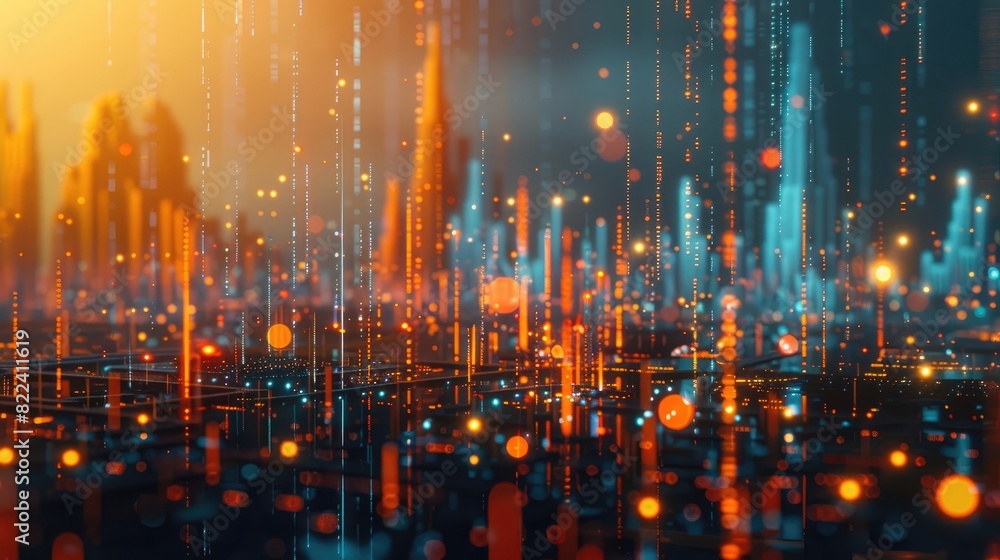 A digital cityscape with financial charts and graphs glowing in the background, an orange and blue color theme, a 3D rendered illustration