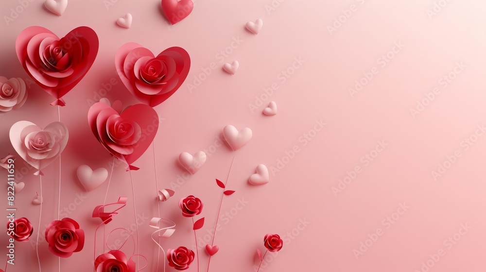 Paper art and craft style of Valentines Day, with heartshaped balloons and red roses, in classic styles color, kawaii template sharpen with copy space Paper art and craft style of Valentines Day, with heartshaped balloons and red roses, in classic styles color, kawaii template sharpen with copy space