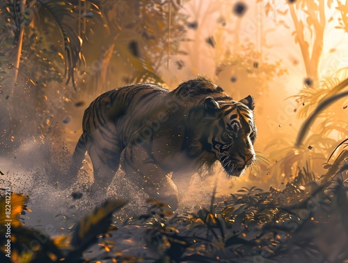 Majestic Silver Tiger Prowling through a Lush Dusty Sunset Jungle in Trace Style
