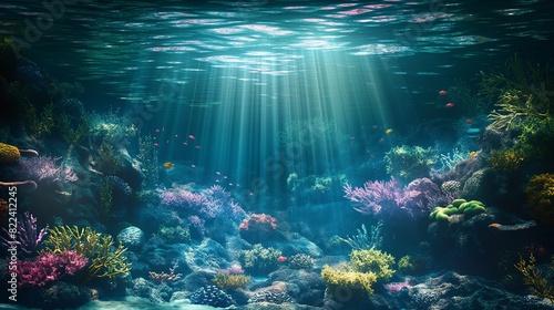 A surreal underwater scene  with vibrant coral reefs teeming with exotic marine life  illuminated by shafts of sunlight filtering through the crystal-clear ocean waters  c