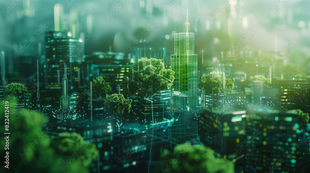 A cityscape with a green tree in the middle A cityscape with a green tree in the middle