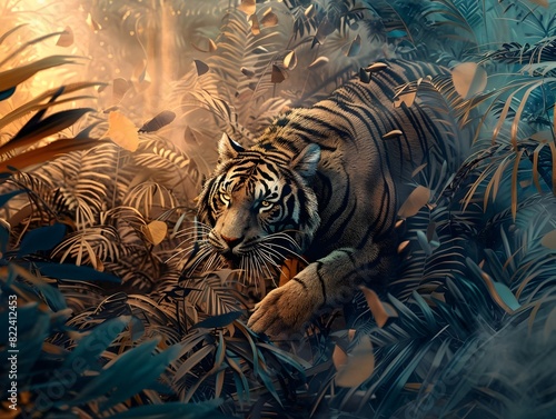 Majestic Tiger Stalks Through Lush SilverHued Jungle at Sunset in Style