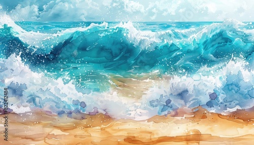 Beautiful watercolor painting of a beach with vibrant blue waves crashing against the sandy shore under a bright sky.