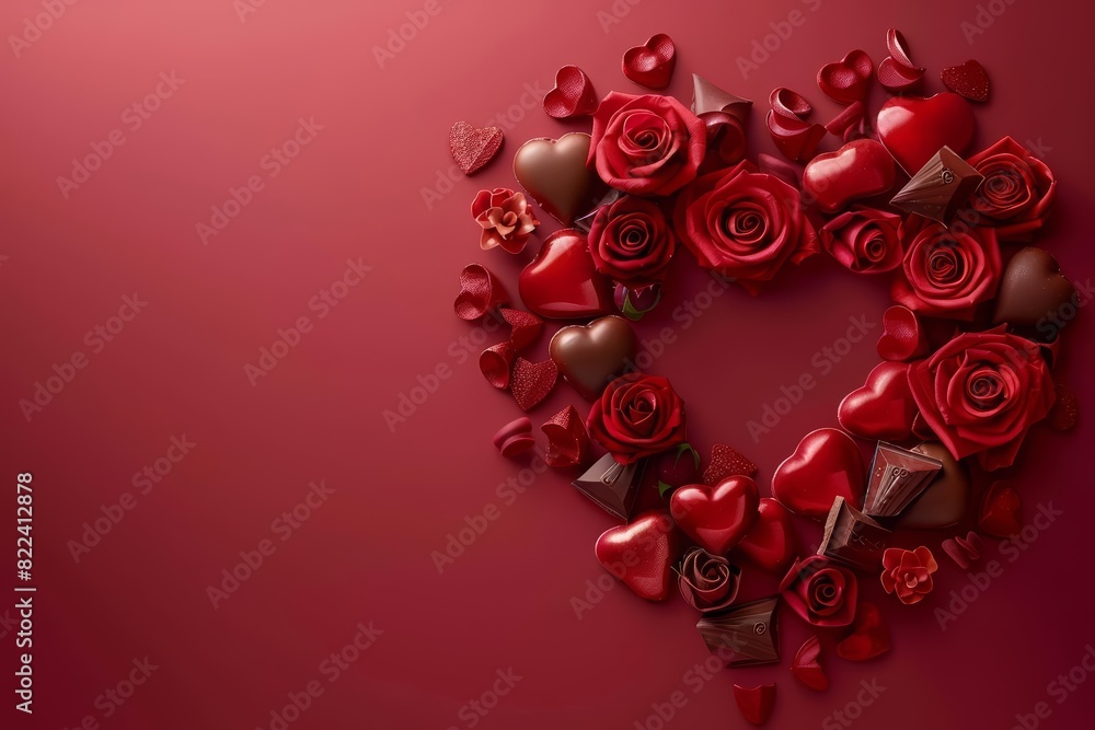 Valentines Day is represented by a solid HUD icon of a heart made of roses and chocolates, designed in solid color style, forming a romantic banner template with copy space Valentines Day is represented by a solid HUD icon of a heart made of roses and chocolates, designed in solid color style, forming a romantic banner template with copy space