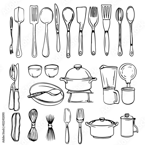 Hand drawn illustration Outline of set cooking Drawing for Coloring Book