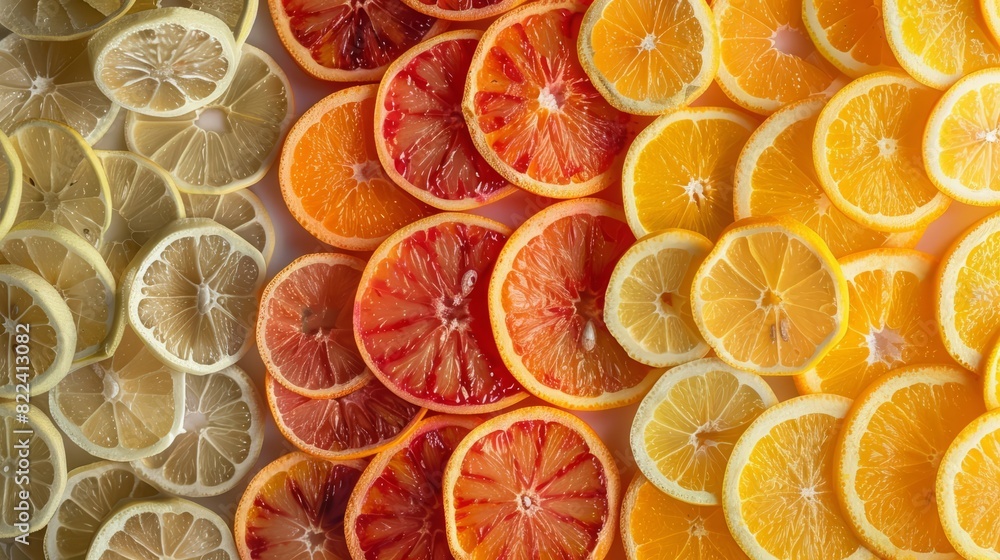 A beautiful arrangement of citrus slices from lemons and oranges, creating a vibrant mosaic of fresh flavors, model isolated on solid background A beautiful arrangement of citrus slices from lemons and oranges, creating a vibrant mosaic of fresh flavors, model isolated on solid background