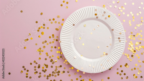 Elegant White Paper Plate Mockup with Gold Confetti photo