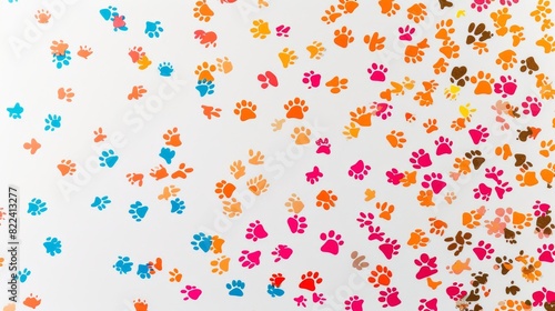 Multicolored dog and kitten paw prints on a white canvas