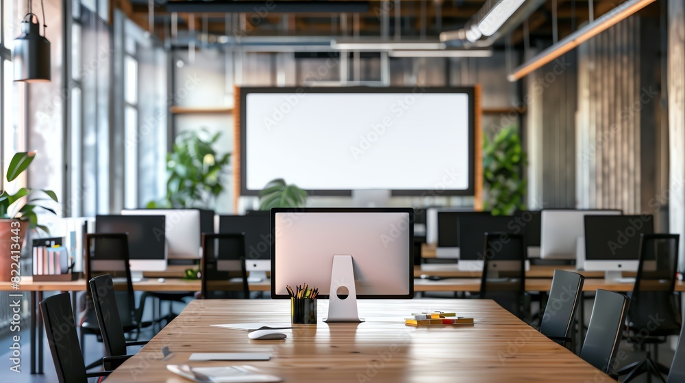 A computer desk in a modern co-working space feature a white-screen computer mockup. A computer desk in a modern co-working space feature a white-screen computer mockup.