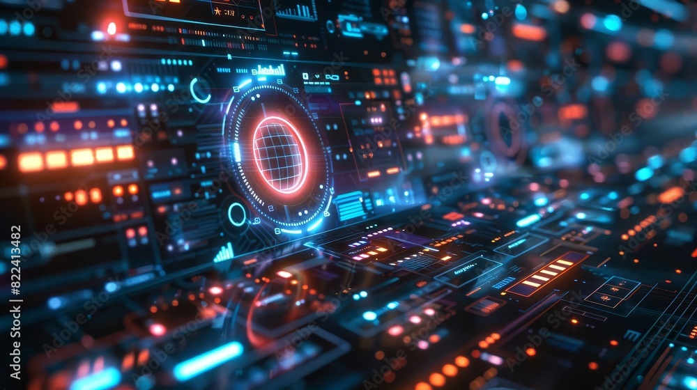 Obraz premium Futuristic digital interface with holographic elements, representing advanced technology, isolated with copy space
