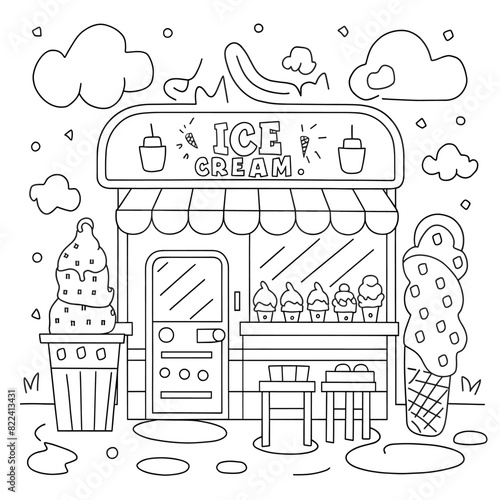 coloring book page illustration of an ice cream shop with a variety of flavors and cones.
