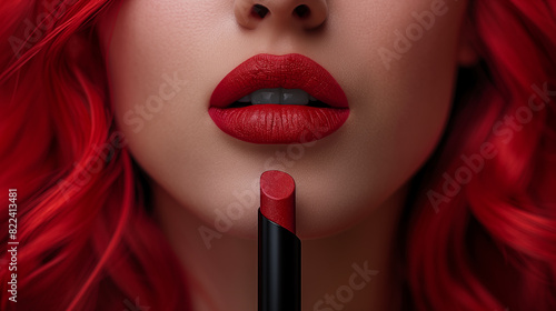 A closeup of the face and lips of an attractive woman with long red hair  holding lipstick in her hand