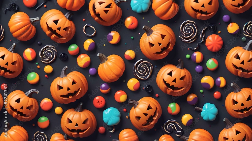 Halloween background with pumpkins and candies suitable for commercials with free space text media. Dark gray background with colorful objects in foreground halloween theme Halloween background with pumpkins and candies suitable for commercials with free space text media. Dark gray background with colorful objects in foreground halloween theme